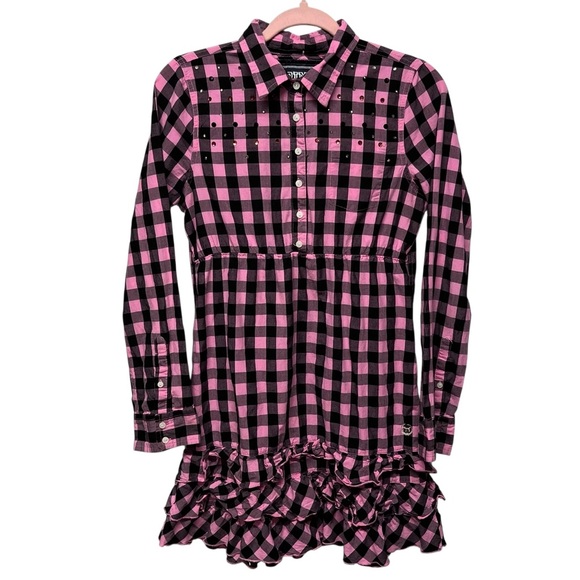 VS PINK | Y2K Pink Black Plaid Rhinestone Embellished Ruffle Hem Shirt Dress - Picture 4 of 10
